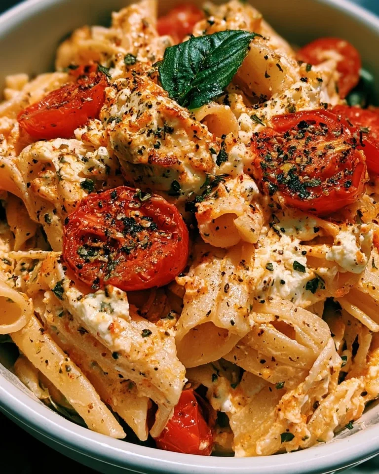 Baked feta pasta dish with cherry tomatoes and herbs, ready to serve.