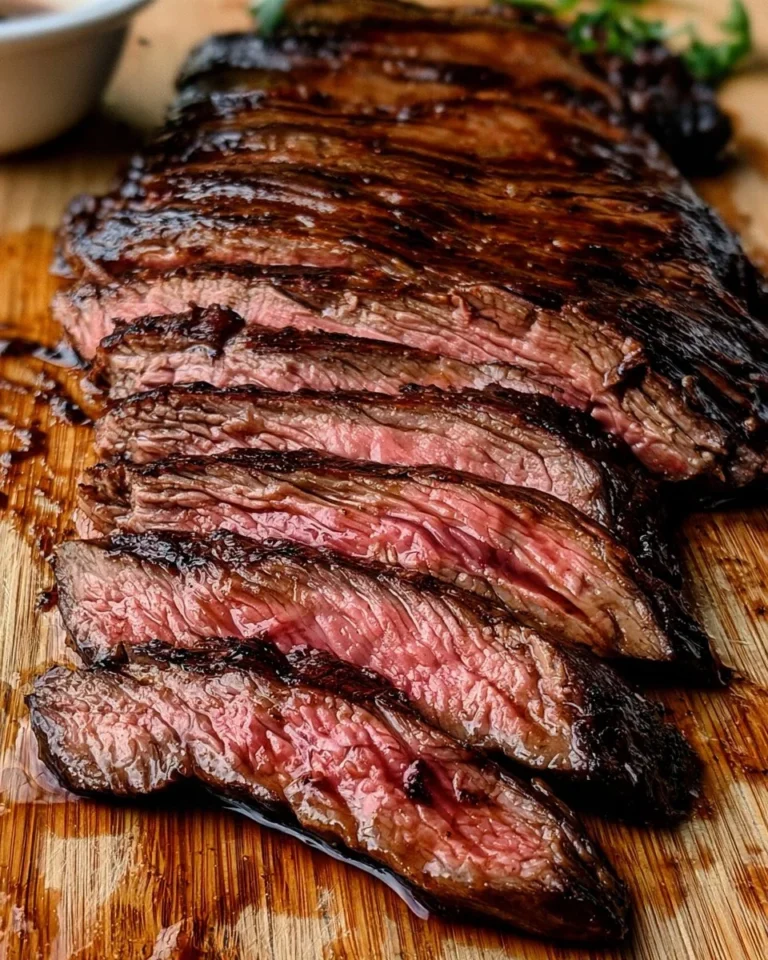 Grilled balsamic flank steak garnished with herbs and served on a plate
