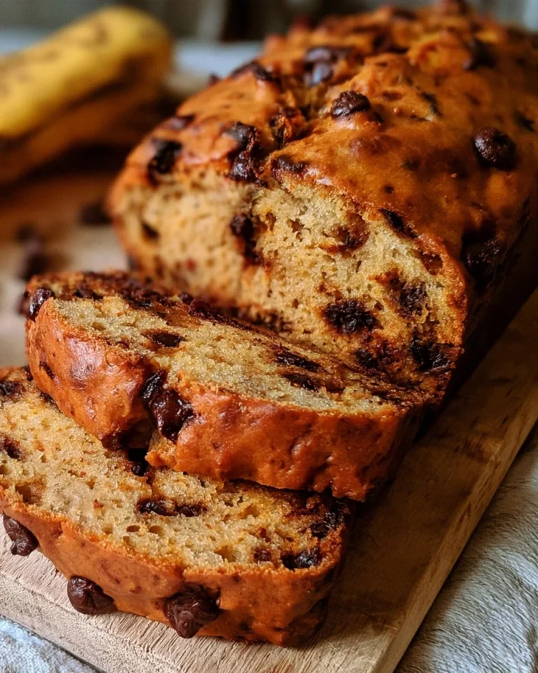 Delicious banana bread with chocolate chips on a wooden kitchen counter