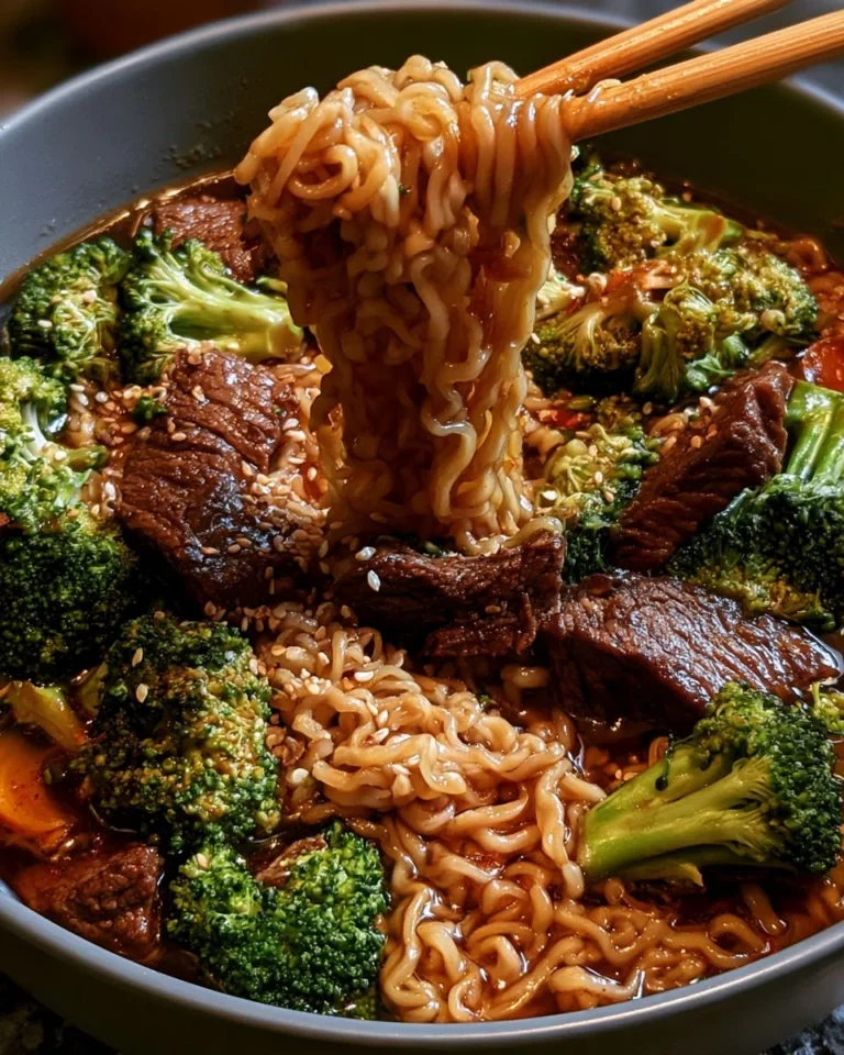 Beef and broccoli ramen stir fry dish with vibrant vegetables and tender beef.