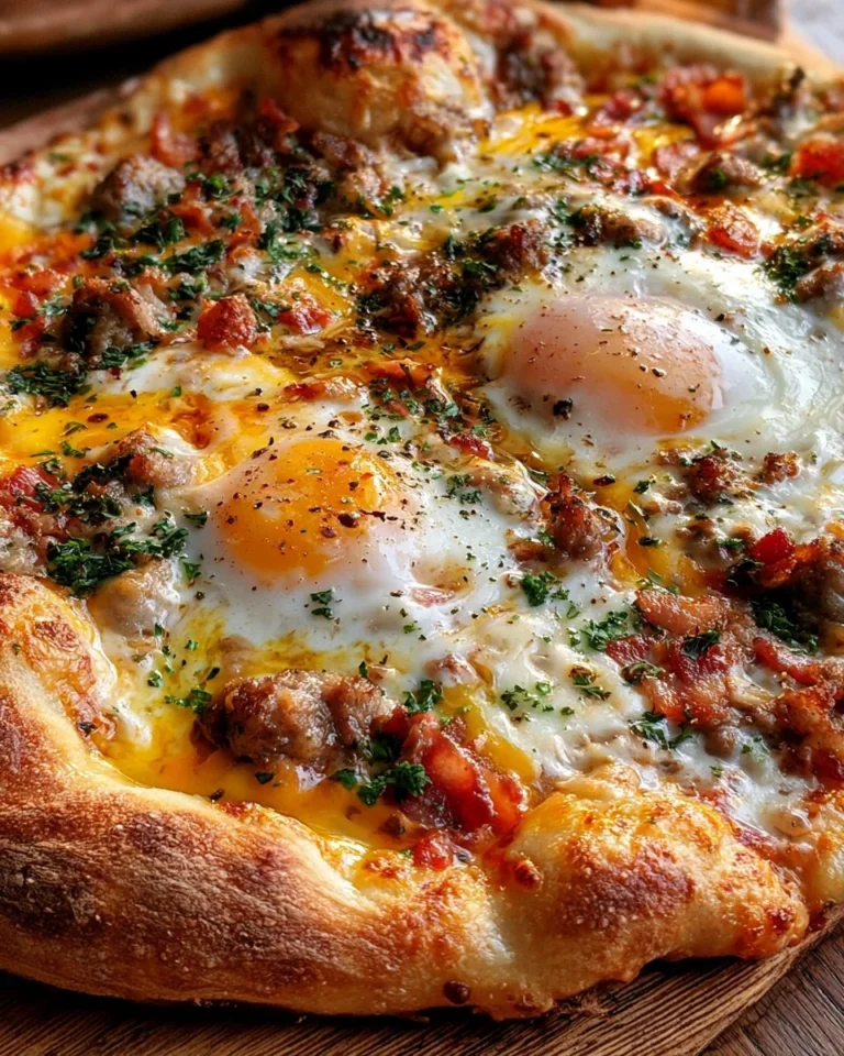 Delicious breakfast sausage pizza topped with cheese and herbs
