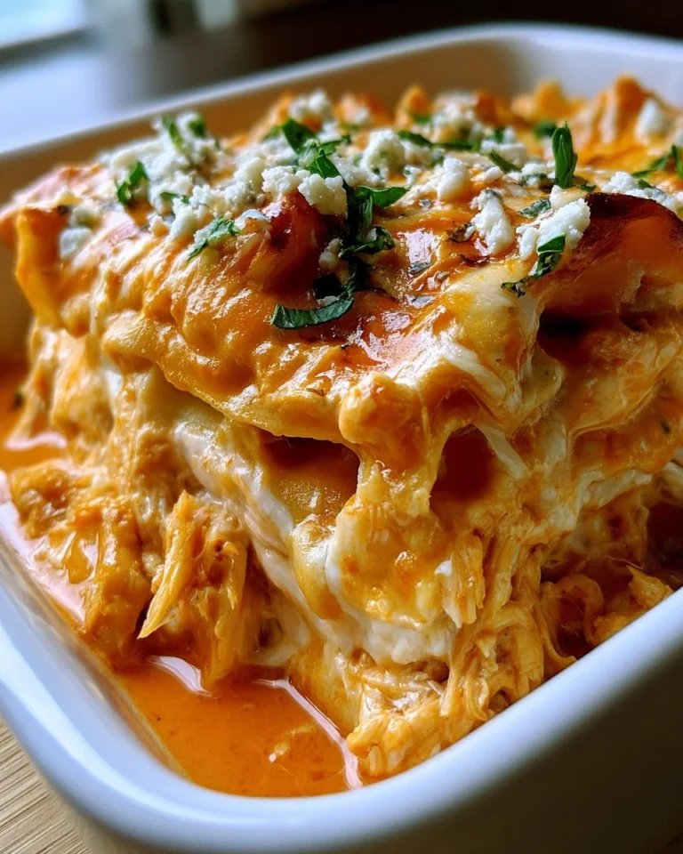 Delicious Buffalo Chicken Lasagna topped with cheese and spicy sauce