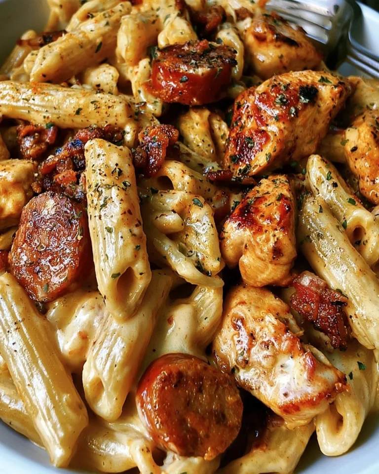 Delicious plate of Cajun Chicken Alfredo with sausage and creamy sauce