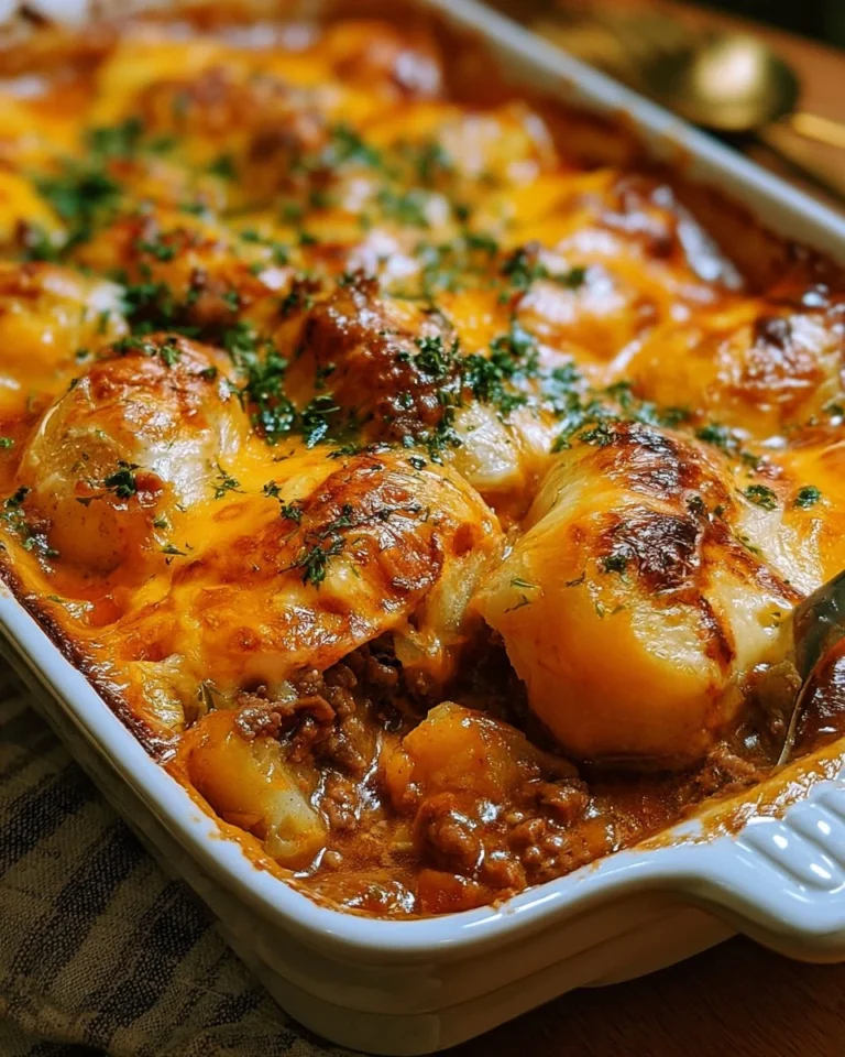 Delicious Cheese-Topped Hamburger served with a side of Potato Casserole.