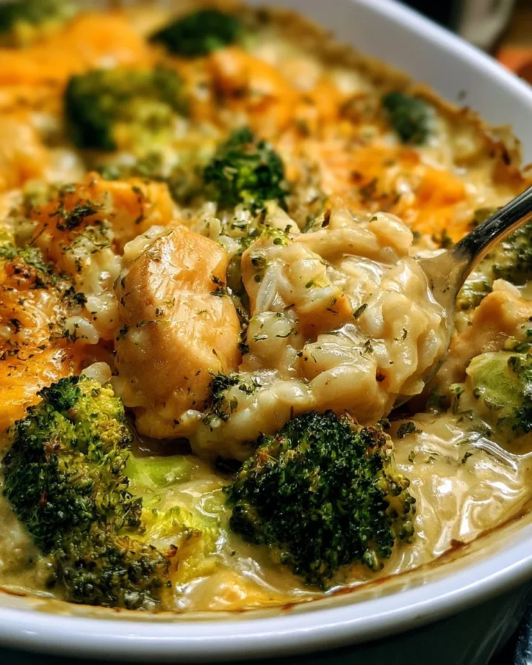 Cheesy Chicken, Broccoli, and Rice Casserole served in a dish