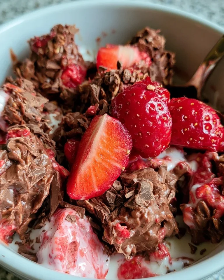 Chocolate Strawberry Yogurt Clusters with strawberries and chocolate drizzle