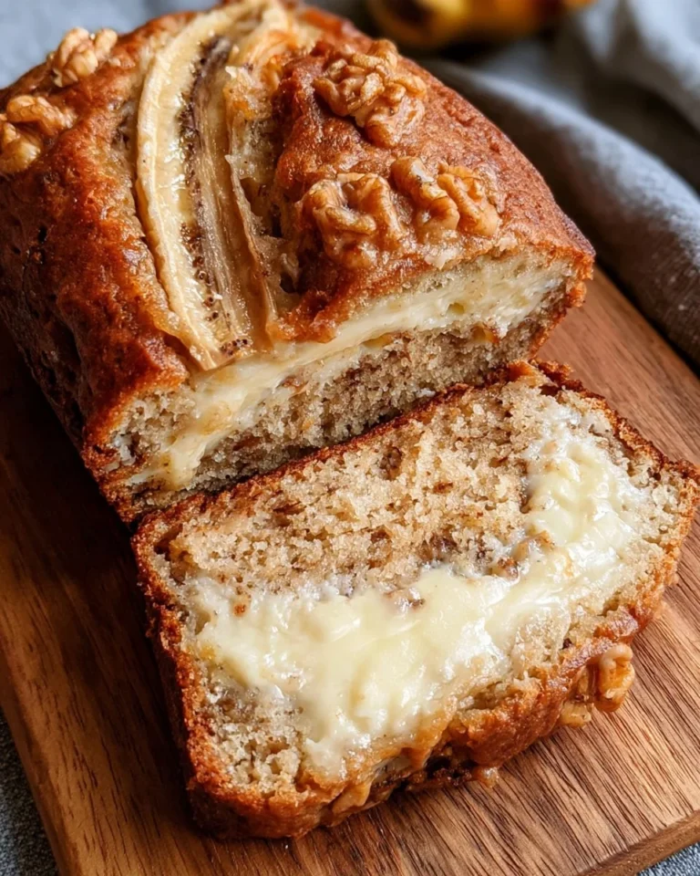 Cream cheese-filled banana bread slice on a rustic plate
