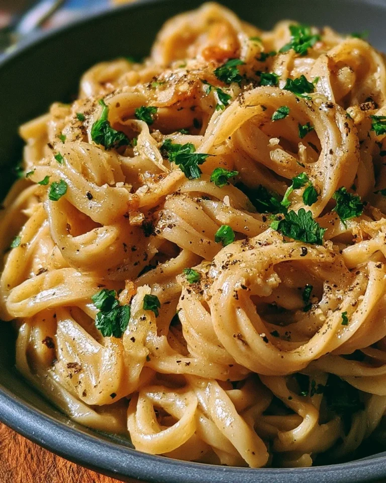 Delicious creamy garlic butter noodles plated with herbs.