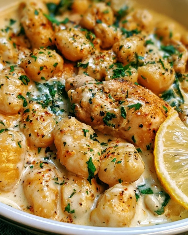 Creamy lemon chicken gnocchi served on a plate with fresh herbs.