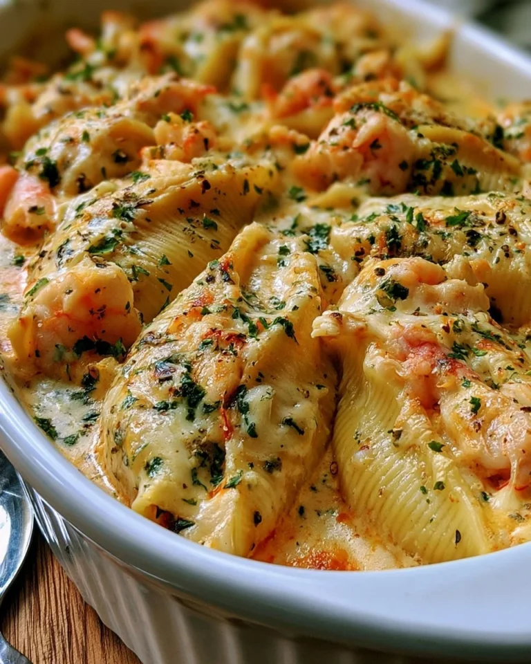 Plate of creamy seafood stuffed shells topped with herbs and cheese
