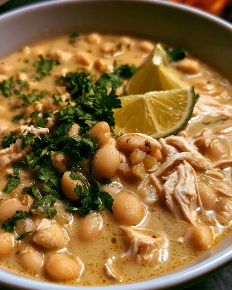 Bowl of creamy white chicken chili garnished with cilantro and jalapeños