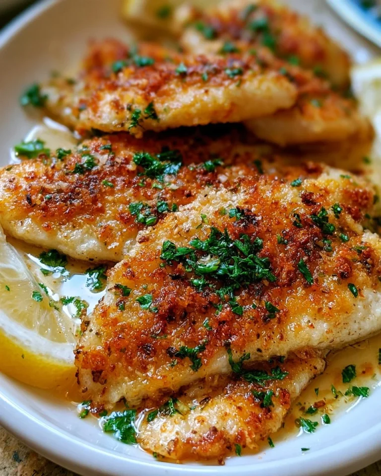 Crispy Parmesan Tilapia served with lemon slices on a white plate
