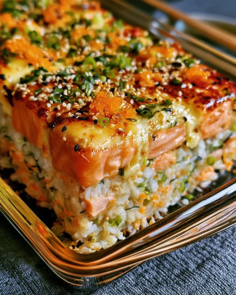 Easy salmon sushi bake topped with creamy sauce and green onions