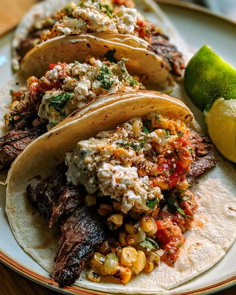 Elote-inspired grilled steak tacos with fresh ingredients and vibrant toppings.