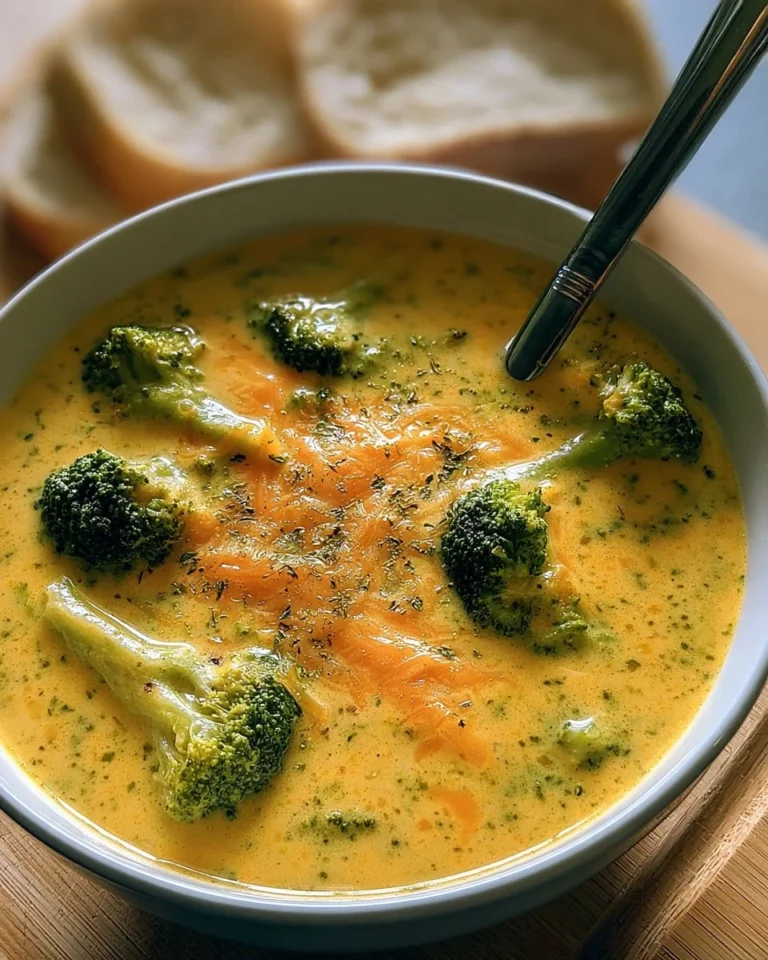 Healthy broccoli cheddar soup served in a bowl with fresh toppings