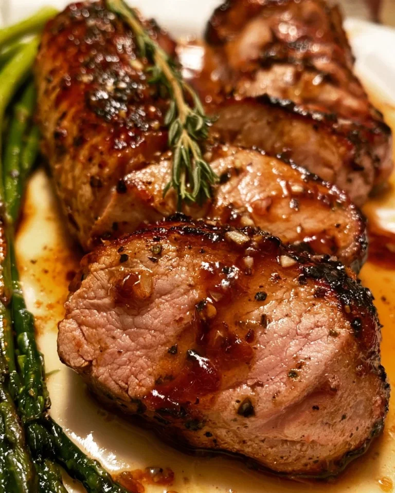 Juicy honey garlic pork tenderloin garnished with herbs and served on a plate
