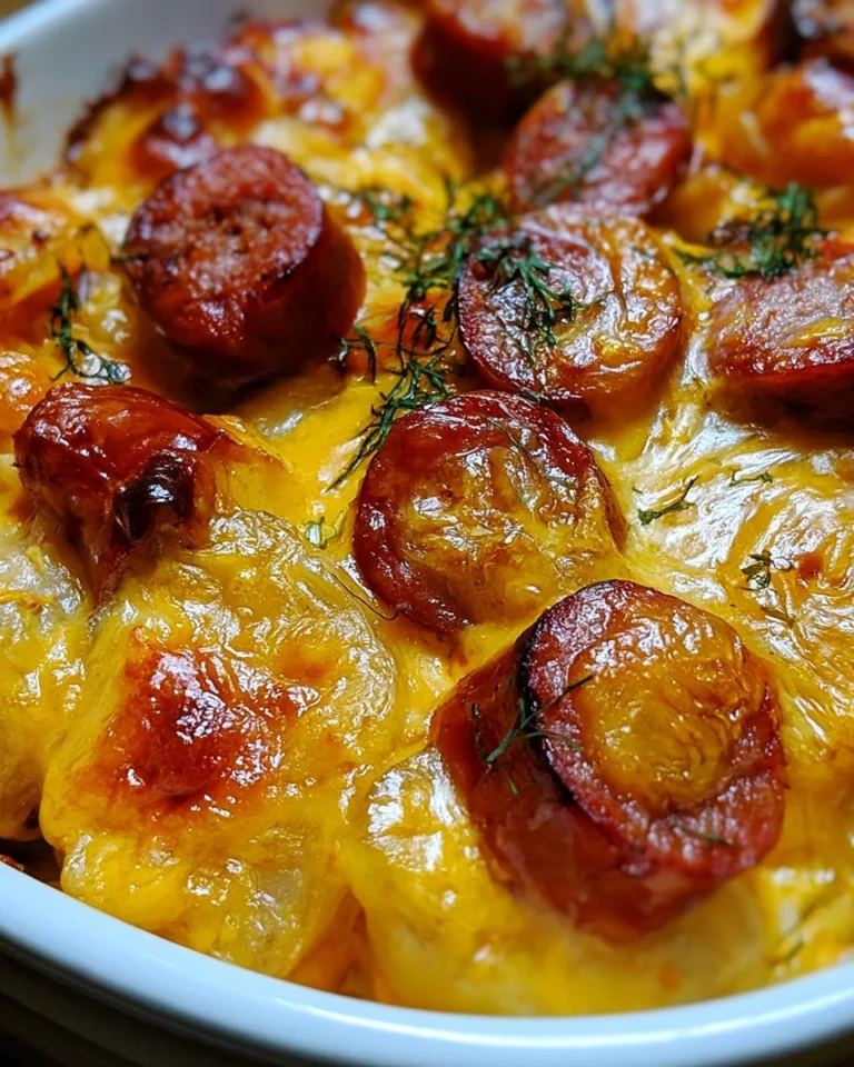 Delicious Kielbasa Cheesy Potato Casserole in a baking dish