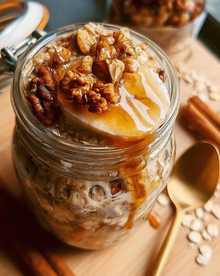 Maple Brown Sugar Overnight Oats in a jar topped with fresh fruit and nuts