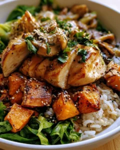 Maple Dijon Chicken Bowls served with roasted sweet potatoes