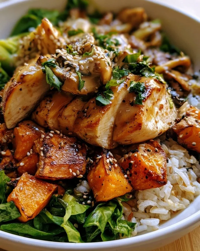 Maple Dijon Chicken Bowls served with roasted sweet potatoes