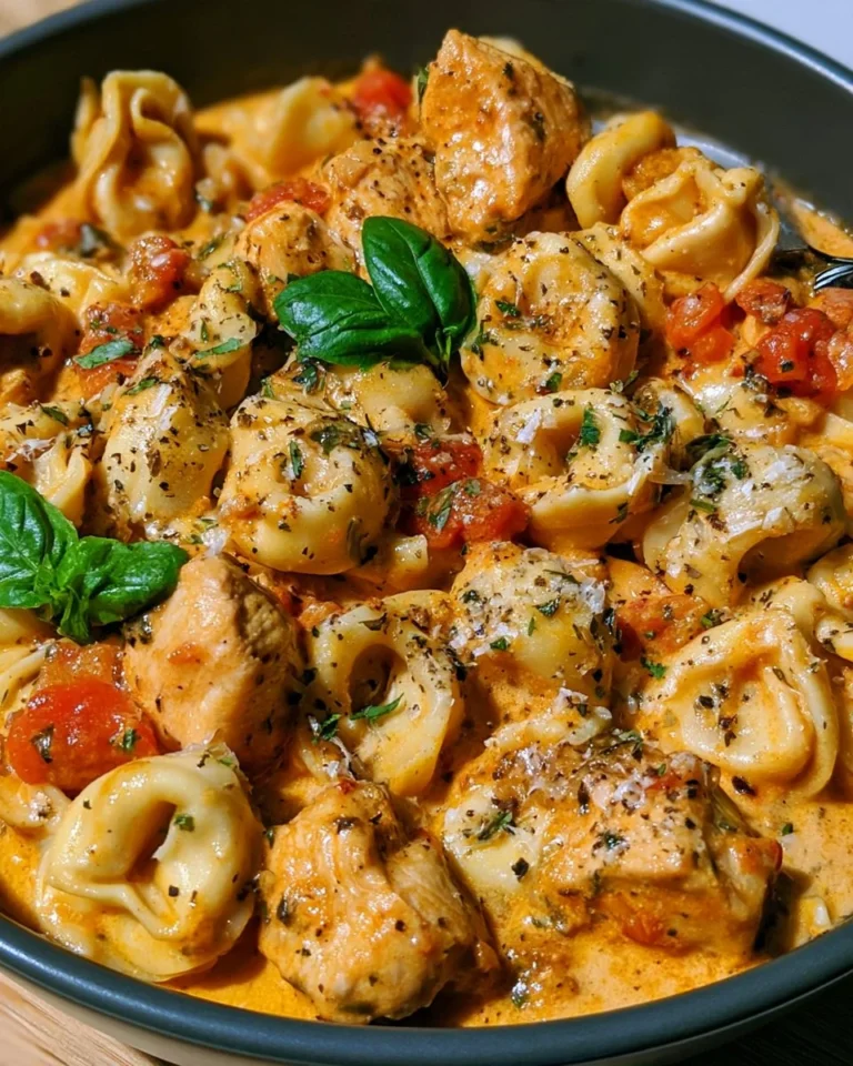 Creamy Marry Me Chicken served with Tortellini on a plate
