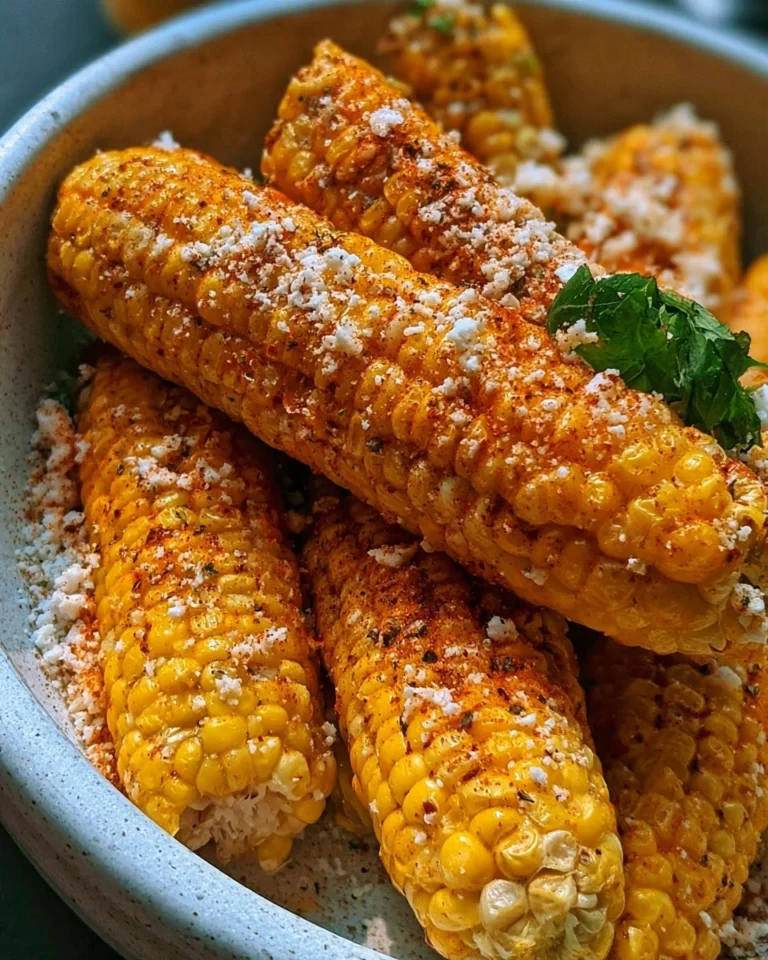 Delicious Mexican Street Corn topped with spices and cheese