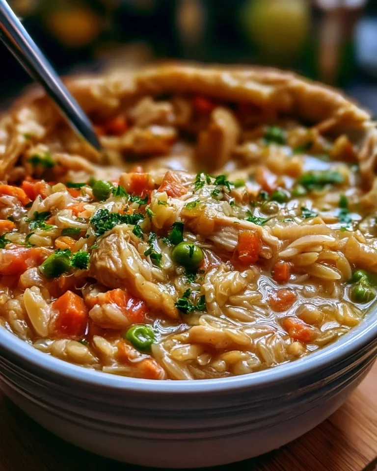 Delicious orzo chicken pot pie served in a bowl, topped with herbs