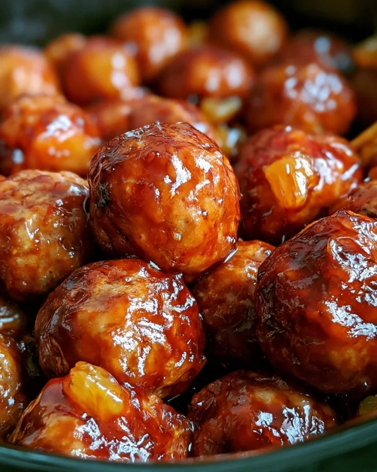 Slow cooker pineapple barbecue meatballs served on a platter