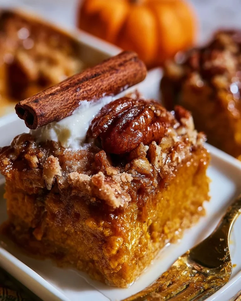Delicious Pumpkin Pecan Cobbler topped with pecans and whipped cream