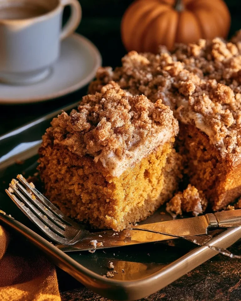 Pumpkin Spice Coffee Cake with Cinnamon Streusel Topping on a rustic plate