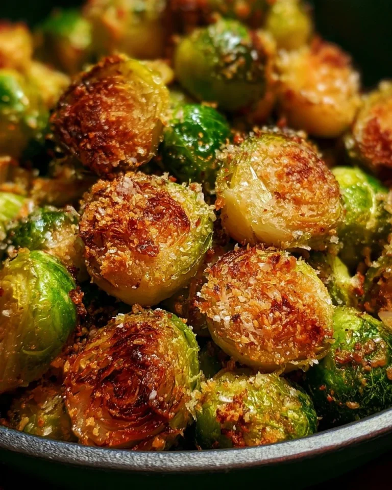 Roasted Brussels Sprouts topped with a crispy Parmesan crust served on a plate