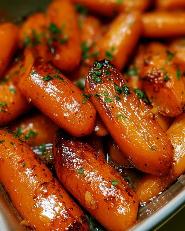 Plate of roasted carrots drizzled with honey and garlic seasoning