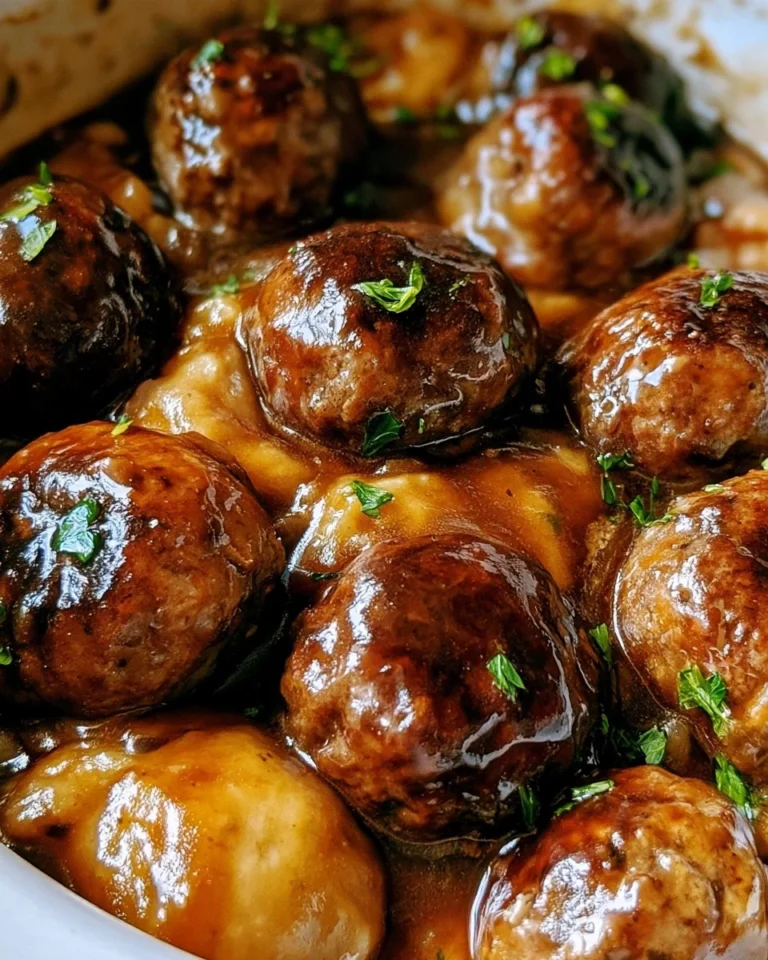 Slow Cooker Salisbury Steak Meatballs served with sauce and potatoes