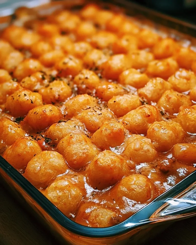 Deliciously layered Tater Tot Casserole topped with golden crispy tots